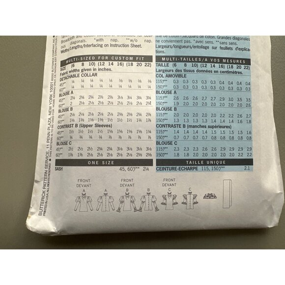 Butterick 3417 Misses Blouse Size 6 8 10 Sash Detachable Collar Sewing Pattern - Picture 4 of 6